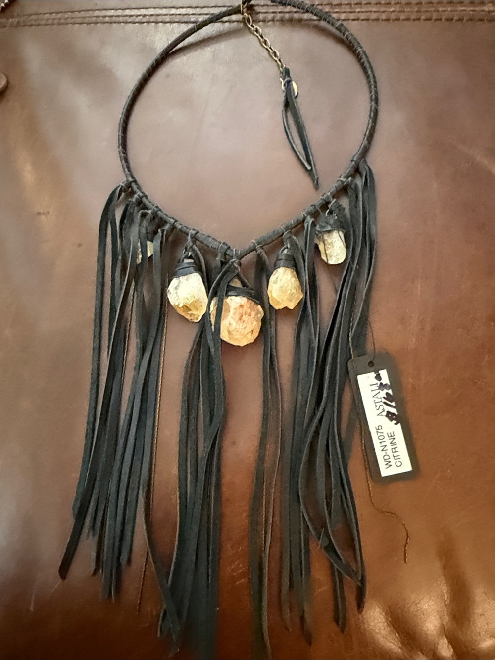 NWT Astali Black Leather Fringe Necklace w/Citrine Stone and Fine Chain Accents